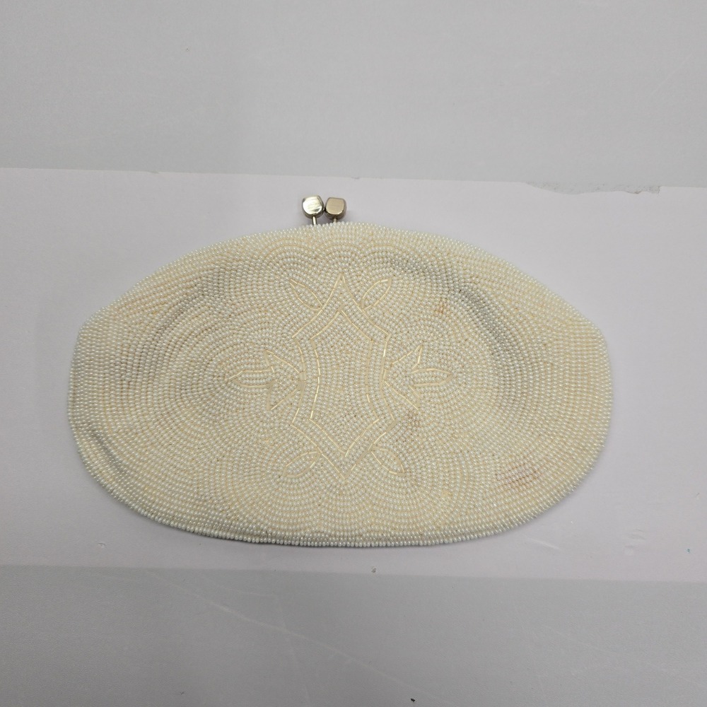 Vintage Made in Japan White Beaded Clutch Purse Kiss Lock Evening Bag Handbag